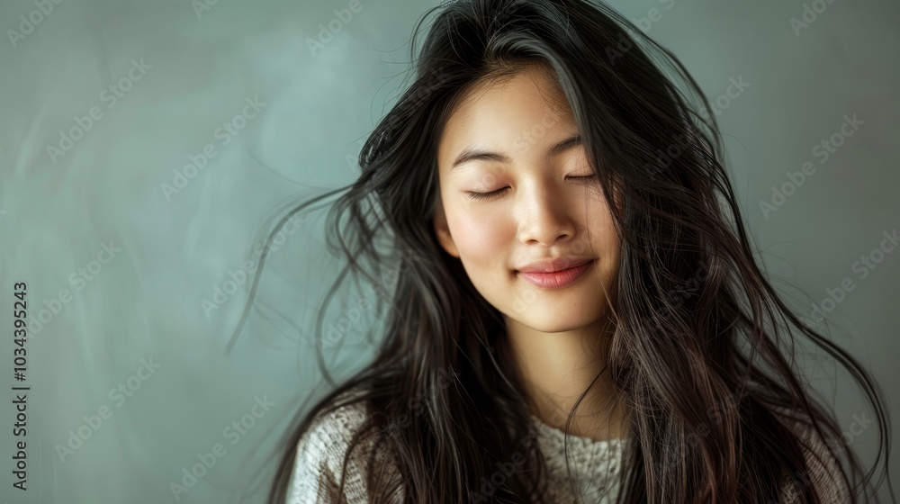 Smiling Woman with Long Black Hair and Closed Eyes Against a Green Background Smiling Woman with Long Black Hair and Closed Eyes Against a Green Background