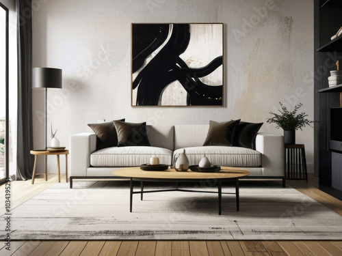 Modern living room interior featuring cozy, plush black anwhite sofas a wooden side table with decorative items, and minimalist decor. The space is enhanced by a large abstract painting and a soft rug photo