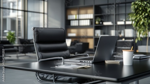 Black Desk with a Laptop and a Coffee Cup in a Modern Office