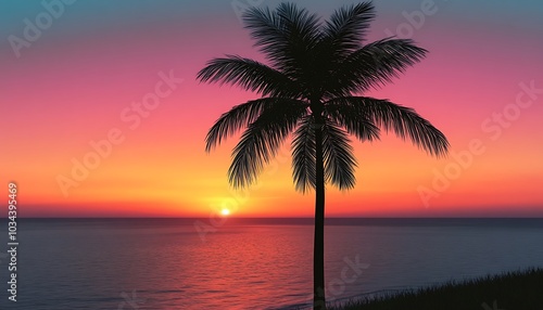 A single palm tree silhouetted against a vibrant sunset sky with the ocean stretching out in the background