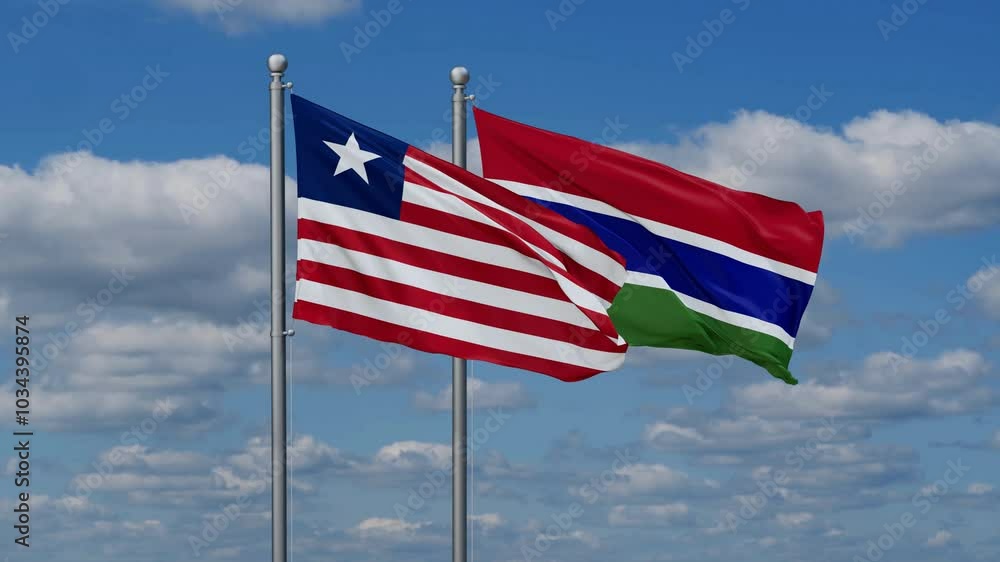 Gambia and Liberia flags flying together, video concept of the relationship, two country relations concept Gambia and Liberia flags flying together, video concept of the relationship, two country relations concept