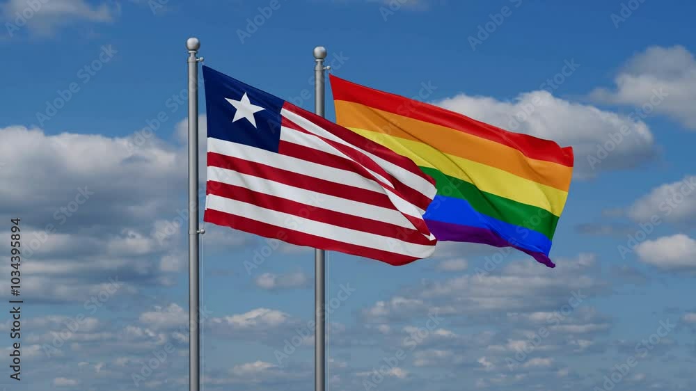 LGBT movement flag also Gay Pride and Liberia two flags waving cycle looped video, tolerance conception in country LGBT movement flag also Gay Pride and Liberia two flags waving cycle looped video, tolerance conception in country