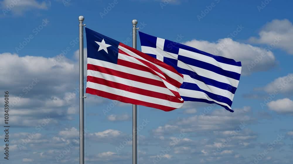 Greece and Liberia flags flying together, video concept of the relationship, two country relations concept Greece and Liberia flags flying together, video concept of the relationship, two country relations concept