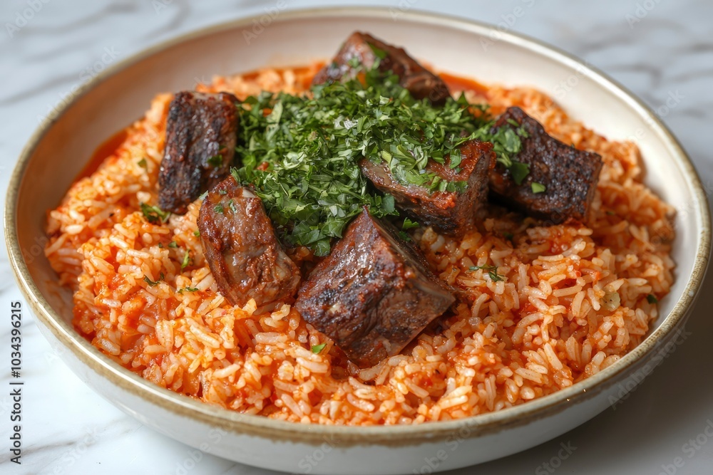 A bowl of red rice with savory meat chunks and herbs A bowl of red rice with savory meat chunks and herbs