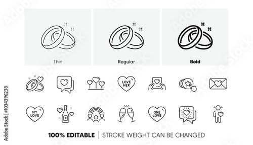 Wedding rings, Valentine and One love line icons. Pack of Love her, Champagne glasses, Friend icon. Hold heart, Inclusion, Heart pictogram. Friends chat, Marriage rings. Sweetheart, Chin-chin. Vector