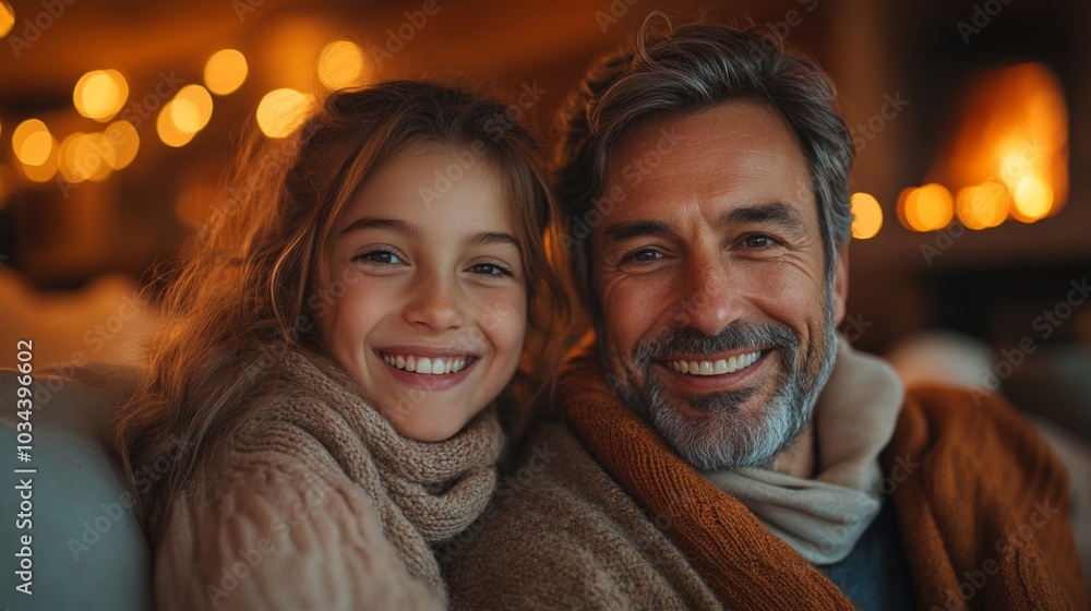 A father and daughter are smiling warmly while wrapped in cozy blankets by the fireplace, surrounded by twinkling lights on a chilly winter evening. A father and daughter are smiling warmly while wrapped in cozy blankets by the fireplace, surrounded by twinkling lights on a chilly winter evening.