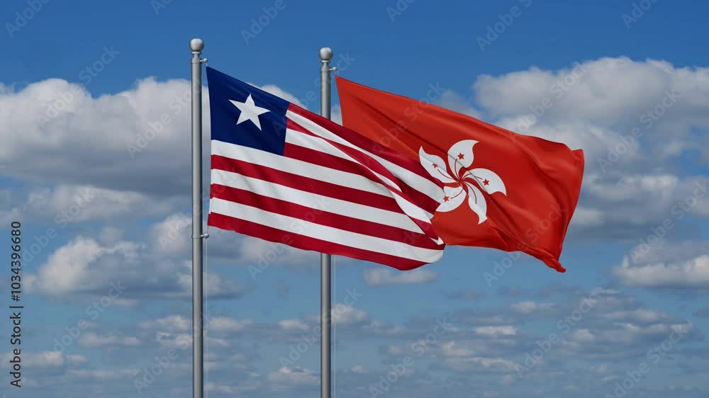 Hong Kong and Liberia flags flying together, video concept of the relationship, two country relations concept Hong Kong and Liberia flags flying together, video concept of the relationship, two country relations concept