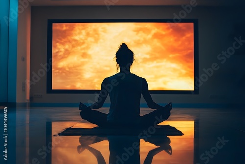 A serene individual meditating in front of a glowing screen, symbolizing digital detox and mental clarity.