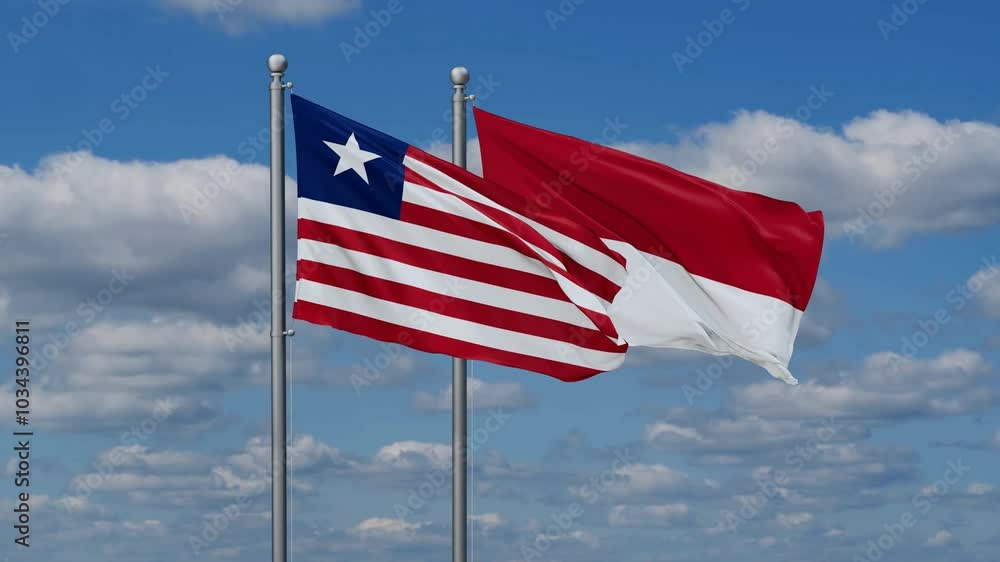Indonesia and Liberia flags flying together, video concept of the relationship, two country relations concept Indonesia and Liberia flags flying together, video concept of the relationship, two country relations concept