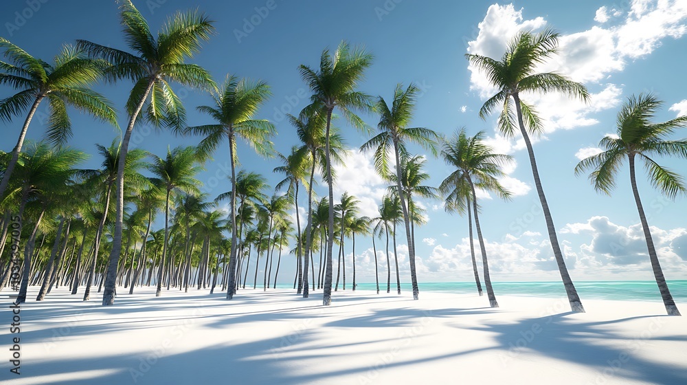 A tropical beach lined with tall palm trees swaying in the breeze their shadows dancing on the white sand A tropical beach lined with tall palm trees swaying in the breeze their shadows dancing on the white sand