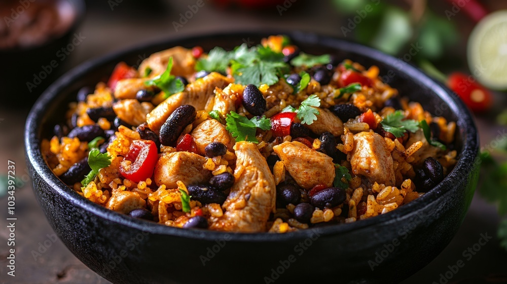 The national cuisine of Mexico: Chicken and rice with black beans. The national cuisine of Mexico: Chicken and rice with black beans.