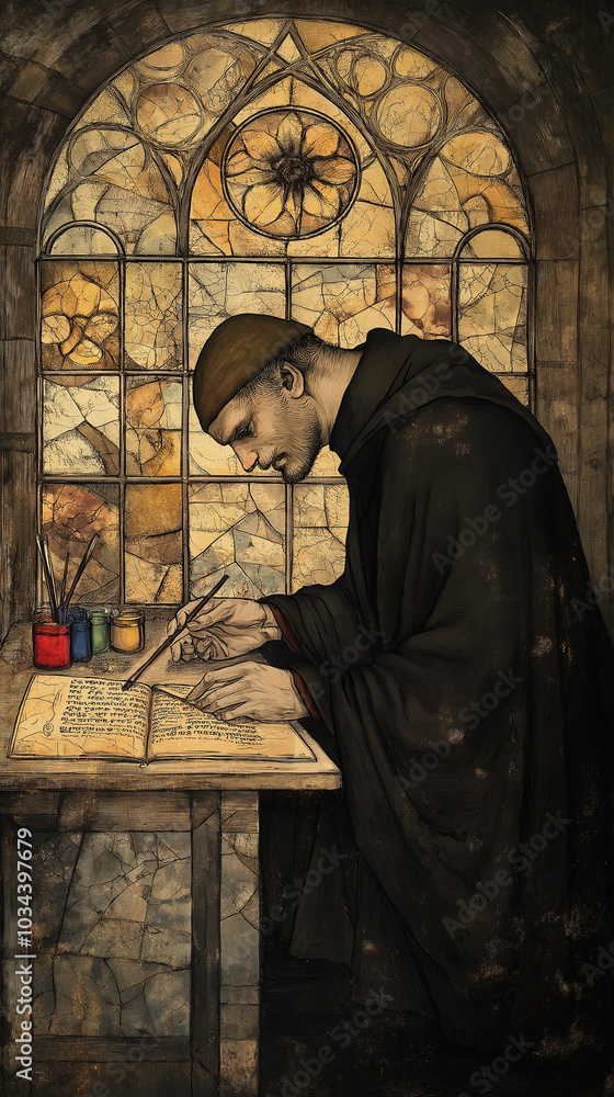 Medieval monk preparing manuscript