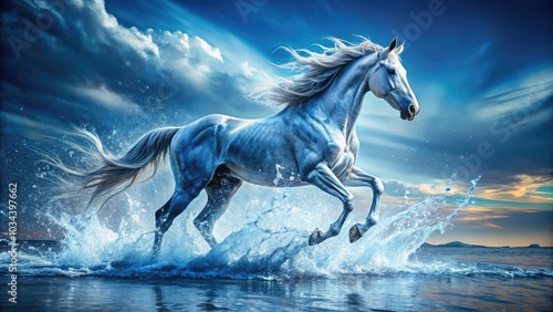 A majestic water horse gallops gracefully through shimmering ocean waves at dusk. Generative AI photo