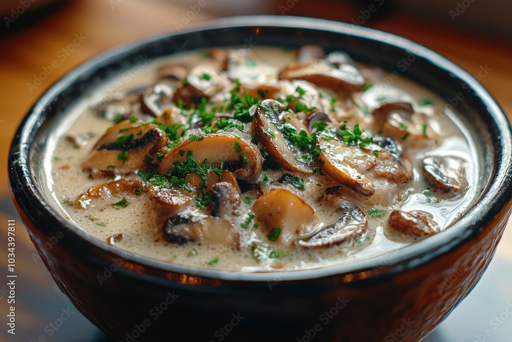 Creamy Mushroom Soup with Fresh Parsley in a Brown Bowl Creamy Mushroom Soup with Fresh Parsley in a Brown Bowl