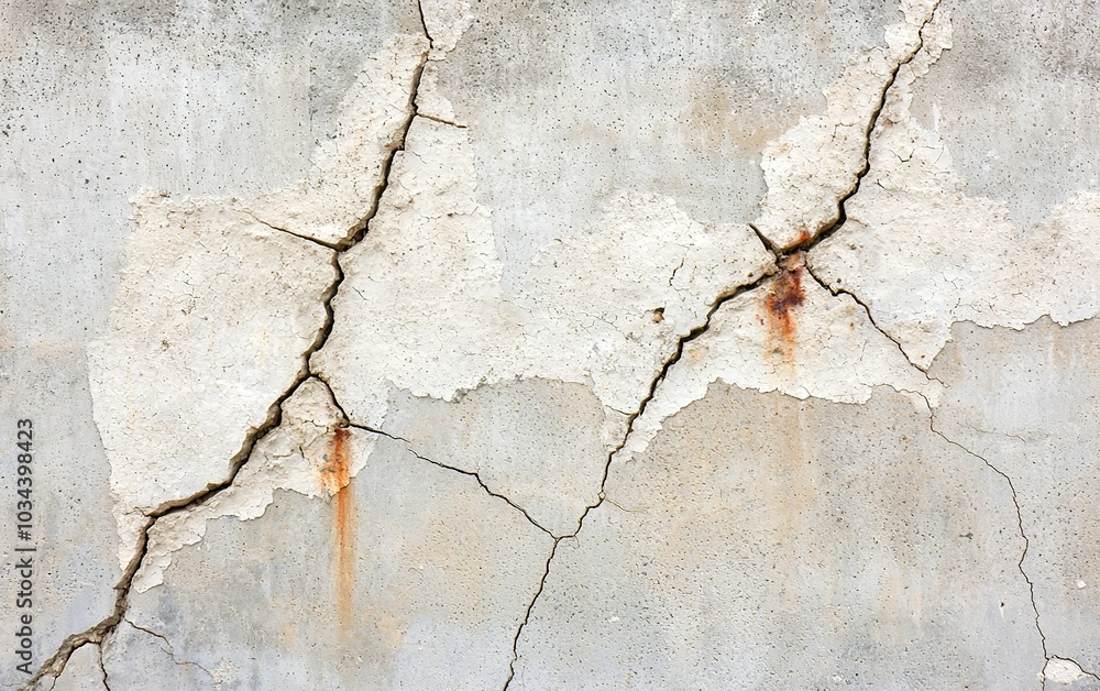 Fototapeta premium Cracked concrete wall with rust stains showing structural damage in an urban setting during daylight hours
