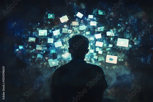 Conceptual art depicting the mental strain of social media, a person surrounded by overwhelming digital notifications.