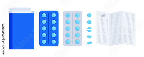 Set of blue pill packs with patient information leaflet. Healthcare, medicine, pharmacy, OTC drugs concept. Flat vector illustration isolated on a white background with copy space