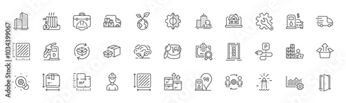 Skyscraper buildings, Brush and Lighthouse line icons. Pack of Truck delivery, Diesel station, Box size icon. Return parcel, Packing boxes, Send box pictogram. Square meter, Co2 gas. Vector