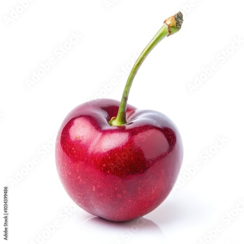 Fresh red cherry with a green stem against a white background. Generative AI