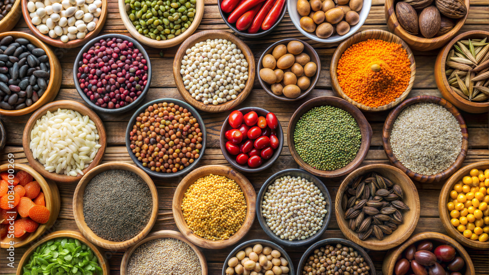 Assorted spices and grains in wooden bowls on rustic table, culinary background, vibrant colors, copy space Assorted spices and grains in wooden bowls on rustic table, culinary background, vibrant colors, copy space