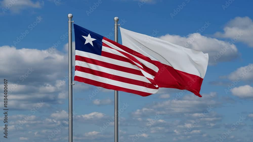 Poland and Liberia flags flying together, video concept of the relationship, two country cooperation concept Poland and Liberia flags flying together, video concept of the relationship, two country cooperation concept