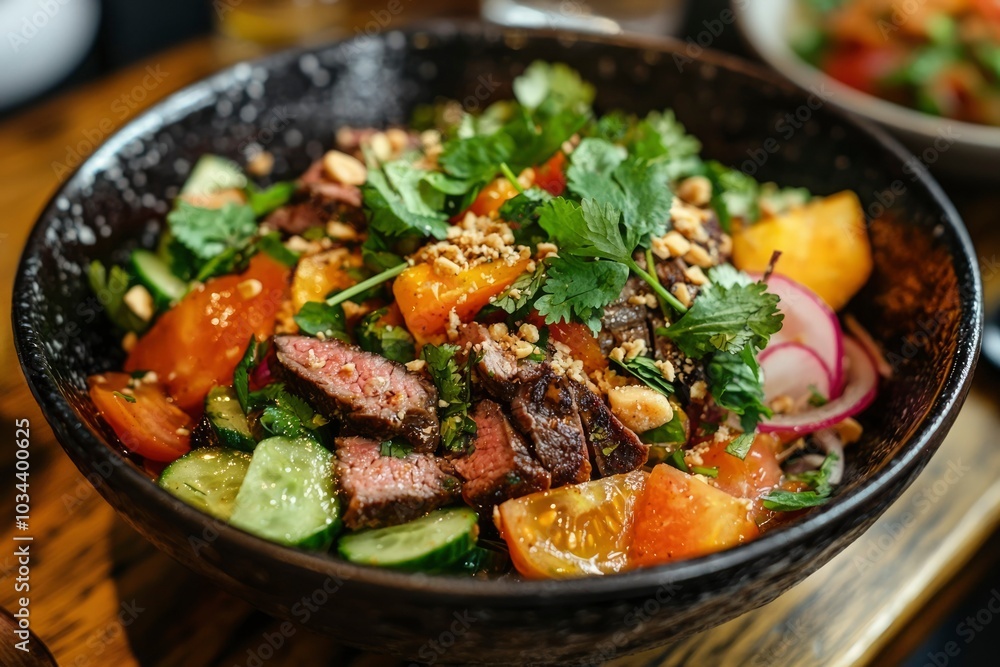 Close-up of Steak Salad with Tomatoes, Cucumbers, and Cilantro Close-up of Steak Salad with Tomatoes, Cucumbers, and Cilantro
