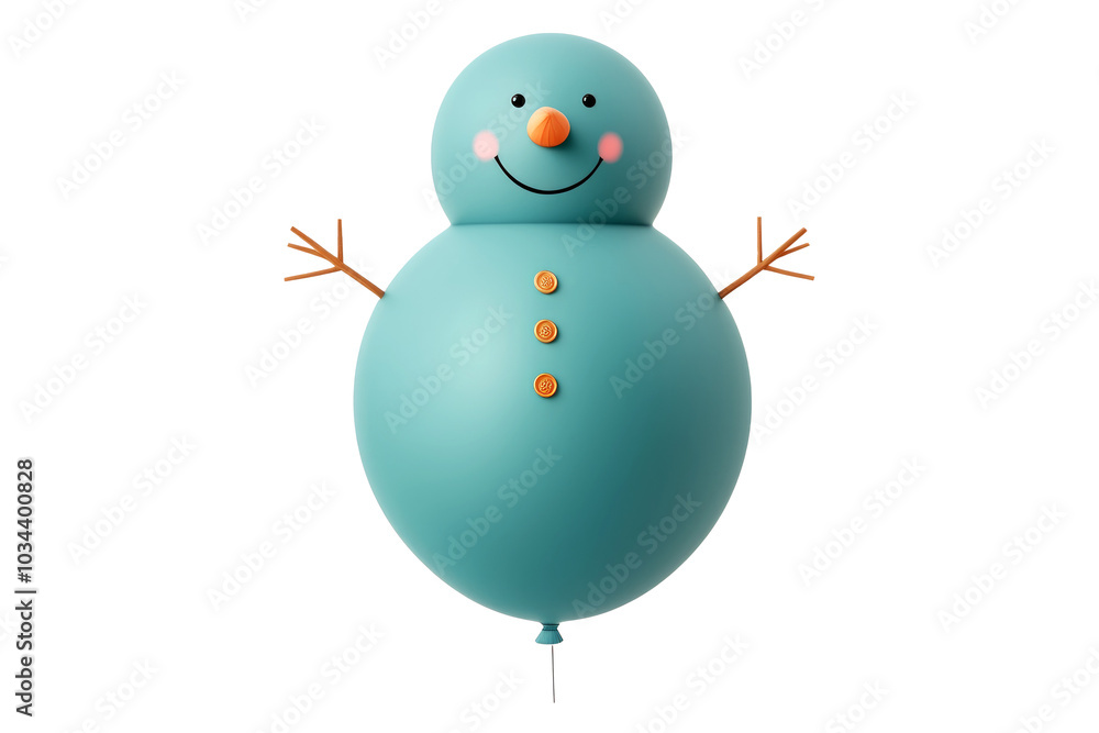 A cheerful snowman balloon with a red hat, black buttons, and twig arms isolated on white background. Concept of winter fun. A cheerful snowman balloon with a red hat, black buttons, and twig arms isolated on white background. Concept of winter fun.