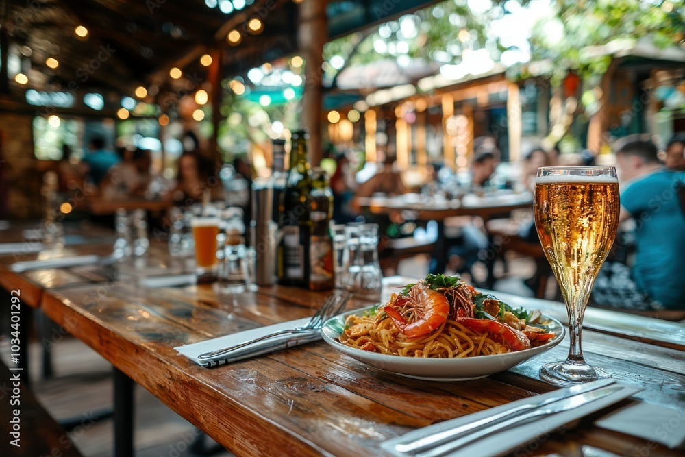 A Table Setting with Shrimp Pasta and a Glass of Beer at a Restaurant