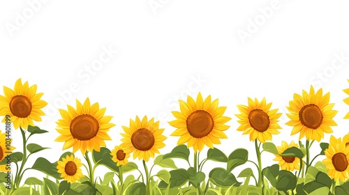 Flat vector illustration of sunflowers growing in rows, against a white background, in a simple and clean style, with bright colors