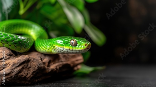 The green snake is coiled gently on a rough log, its scales glimmering as it blends into the surrounding leaves, creating a tranquil atmosphere in a serene habitat