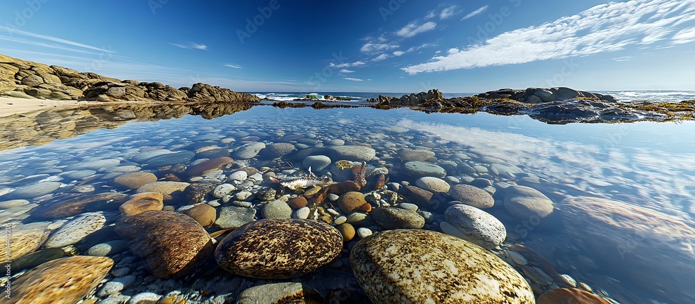 Crystal-clear tide pools reflecting the sky filled with small marine life and smooth stones on a rocky beach Crystal-clear tide pools reflecting the sky filled with small marine life and smooth stones on a rocky beach