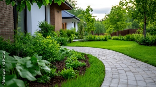 Sustainable landscape design being implemented around a new housing development, showcasing the integration of nature and eco-friendly urban planning