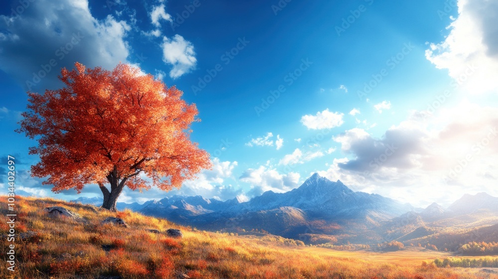A striking autumn tree with fiery orange leaves stands solitary amidst golden grass under a clear blue sky. Majestic mountains rise in the distance, creating a picturesque landscape A striking autumn tree with fiery orange leaves stands solitary amidst golden grass under a clear blue sky. Majestic mountains rise in the distance, creating a picturesque landscape