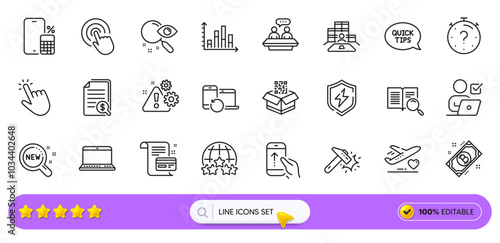 Search text, Diagram graph and Financial documents line icons for web app. Pack of Medical flight, Search, New products pictogram icons. Rating stars, Qr code, Bitcoin signs. Quiz. Search bar. Vector