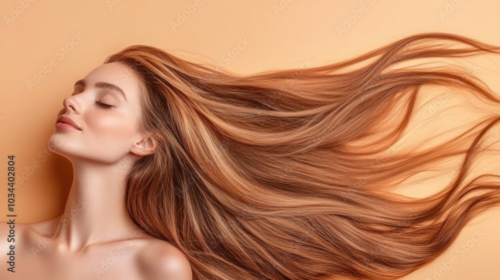 The model stands gracefully with her eyes closed, highlighting her lustrous, lengthy hair as it cascades around her. The warm backdrop enhances her serene expression and beauty The model stands gracefully with her eyes closed, highlighting her lustrous, lengthy hair as it cascades around her. The warm backdrop enhances her serene expression and beauty