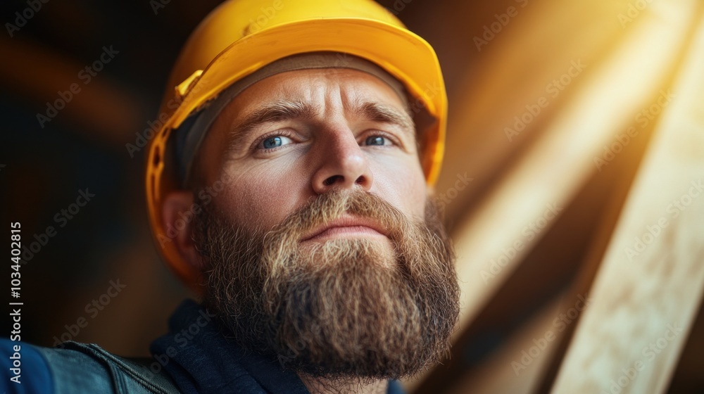 A construction worker wearing a bright safety helmet stands in a workshop, showcasing a strong and confident expression A construction worker wearing a bright safety helmet stands in a workshop, showcasing a strong and confident expression