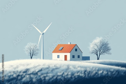 Winter landscape with a house, wind turbine, and snow-covered hills.