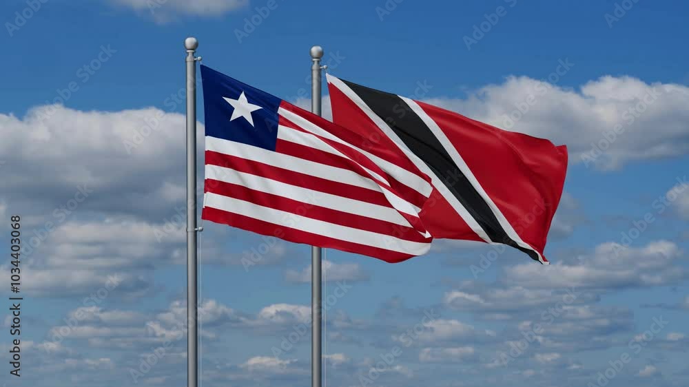 Trinidad and Tobago and Liberia flags flying together, video concept of the relationship, two country cooperation concept Trinidad and Tobago and Liberia flags flying together, video concept of the relationship, two country cooperation concept