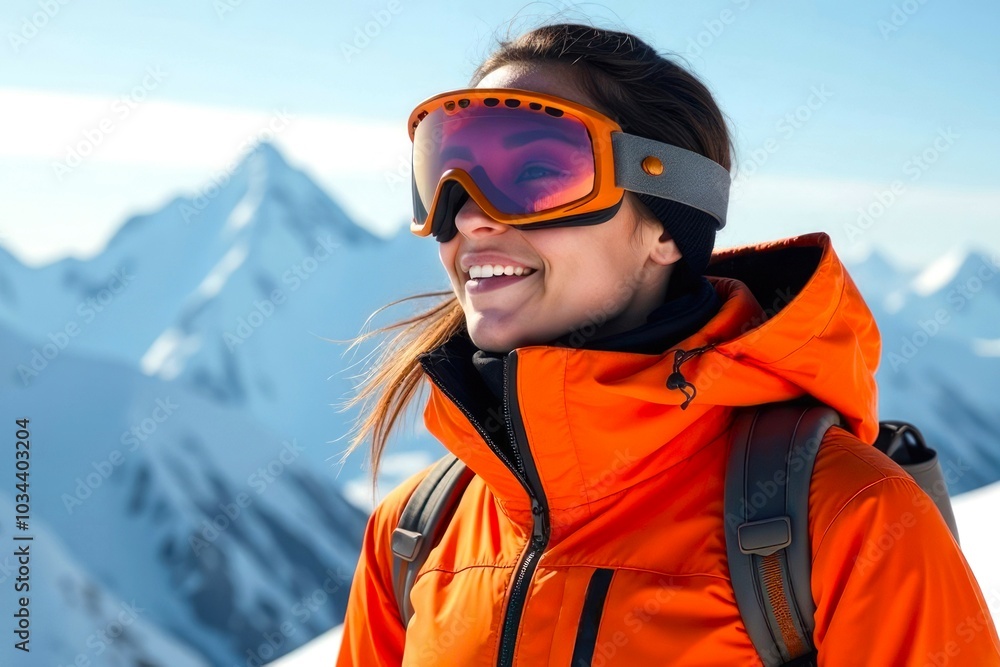Female Snowboarder in Snowboarding Goggles and jacket standing in Snowy Mountains, Portrait of Happy Beautiful Woman Snowboarder, concept of Sports and Active Winter Recreation Female Snowboarder in Snowboarding Goggles and jacket standing in Snowy Mountains, Portrait of Happy Beautiful Woman Snowboarder, concept of Sports and Active Winter Recreation