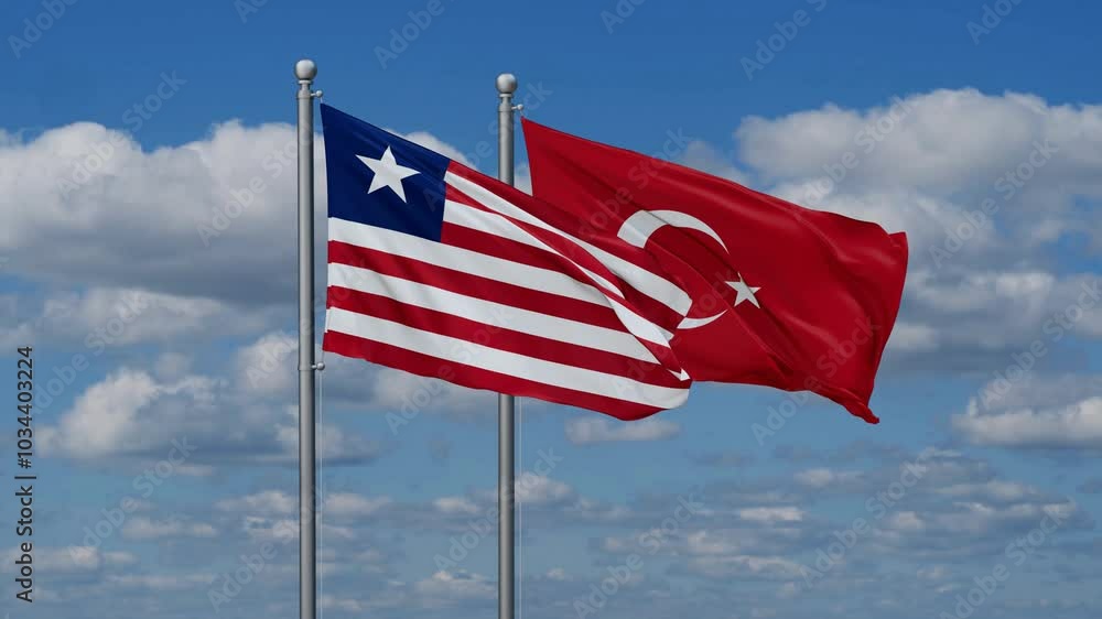Republic of Turkey and Liberia flags flying together, video concept of the relationship, two country cooperation concept Republic of Turkey and Liberia flags flying together, video concept of the relationship, two country cooperation concept