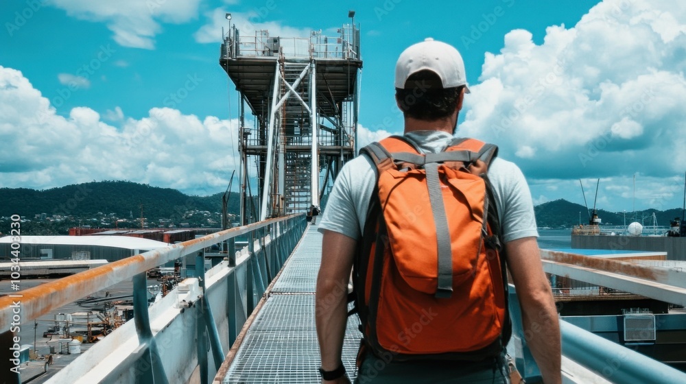 A person wearing a grey shirt and an orange backpack walks along a metal walkway towards a tall industrial structure under a bright blue sky with fluffy clouds and distant mountains A person wearing a grey shirt and an orange backpack walks along a metal walkway towards a tall industrial structure under a bright blue sky with fluffy clouds and distant mountains