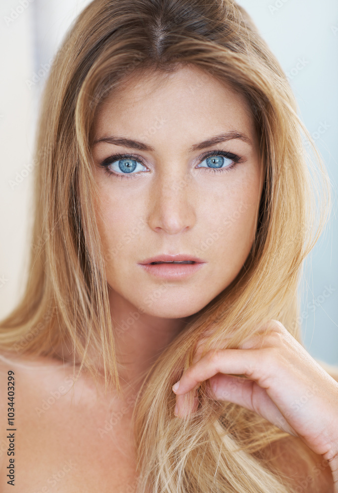 Hair, portrait and skincare with woman in studio for dermatology, natural cosmetics or wellness. Aesthetic, beauty and face of confident model on white background for collagen or cosmetology Hair, portrait and skincare with woman in studio for dermatology, natural cosmetics or wellness. Aesthetic, beauty and face of confident model on white background for collagen or cosmetology