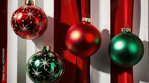 Three red and green Christmas ornaments are arranged on a red background