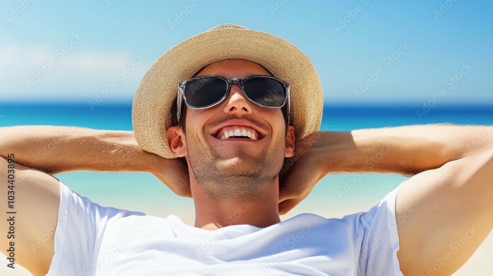 A man sits comfortably on a beach, smiling widely while wearing sunglasses and a straw hat. The clear blue ocean and sky create a perfect summer ambiance around him A man sits comfortably on a beach, smiling widely while wearing sunglasses and a straw hat. The clear blue ocean and sky create a perfect summer ambiance around him