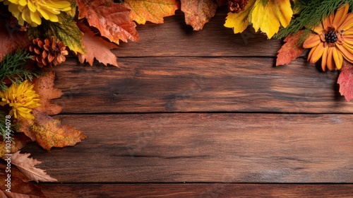 A beautiful arrangement of vibrant autumn leaves and flowers decorates a rustic wooden surface. The warm colors create a cozy, seasonal atmosphere, perfect for fall-themed decorations