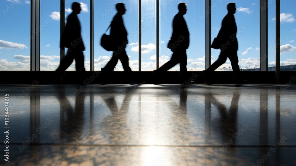 Several business professionals walk through an airport terminal, casting long shadows on the polished floor while bright sunlight highlights the scene behind them Several business professionals walk through an airport terminal, casting long shadows on the polished floor while bright sunlight highlights the scene behind them