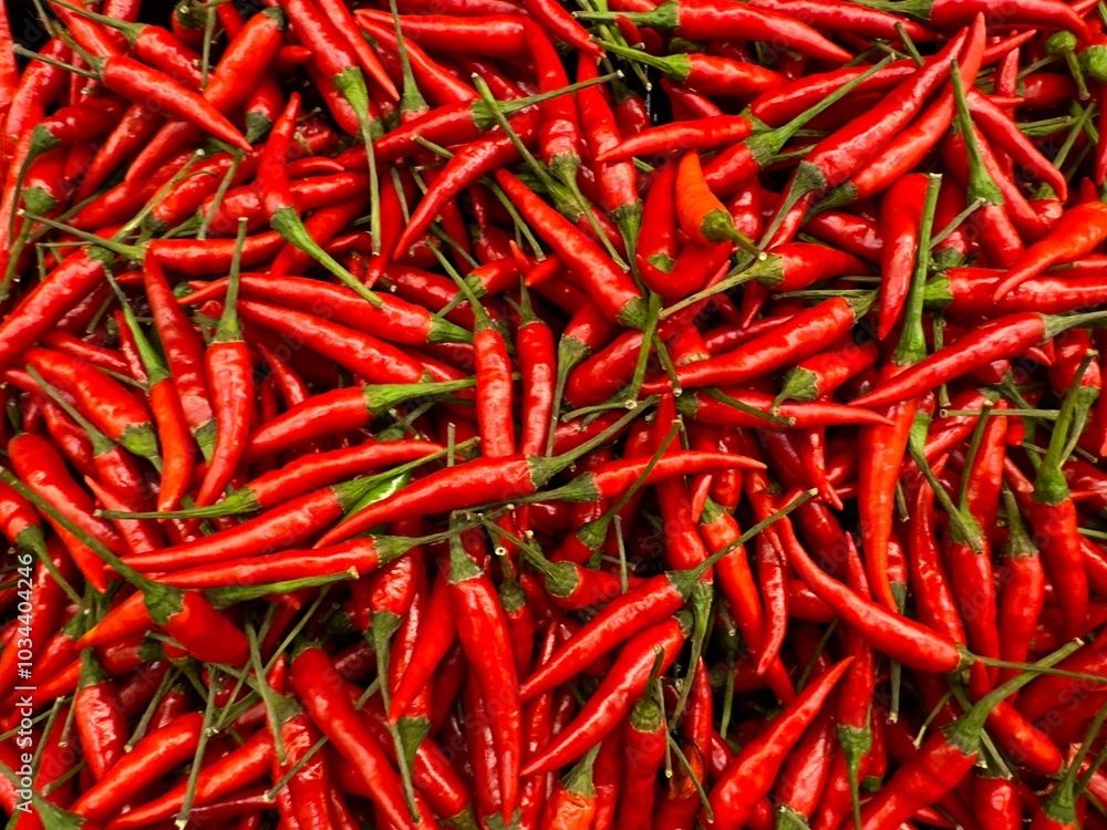 a handful of bright red chili peppers with green stems on a counter a handful of bright red chili peppers with green stems on a counter