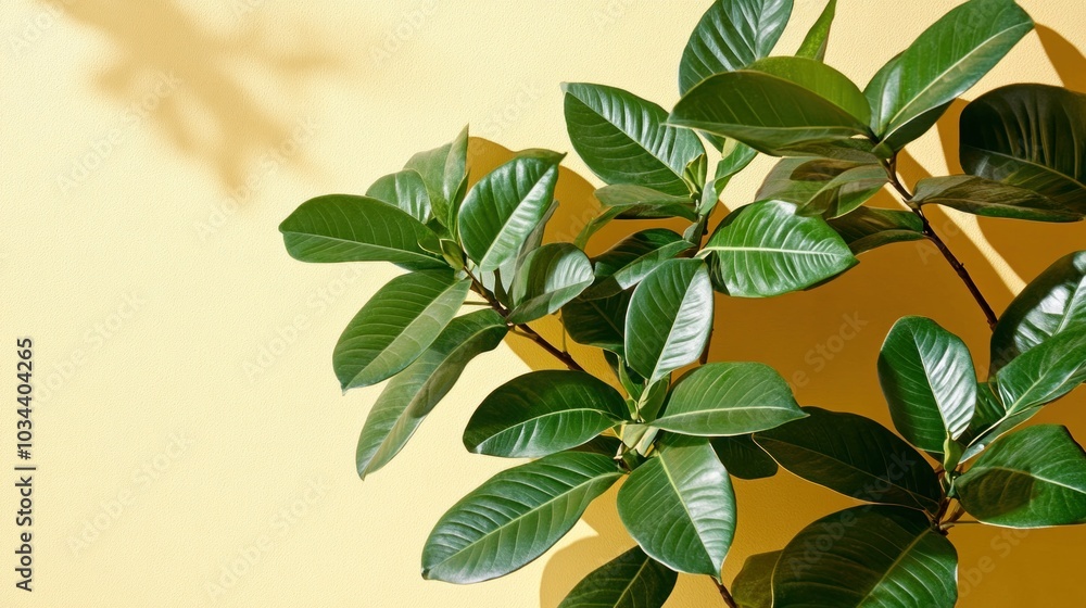 Obraz premium The lush green plant showcases healthy, glossy leaves contrasting beautifully with the cheerful yellow wall, creating a lively indoor ambiance in natural light