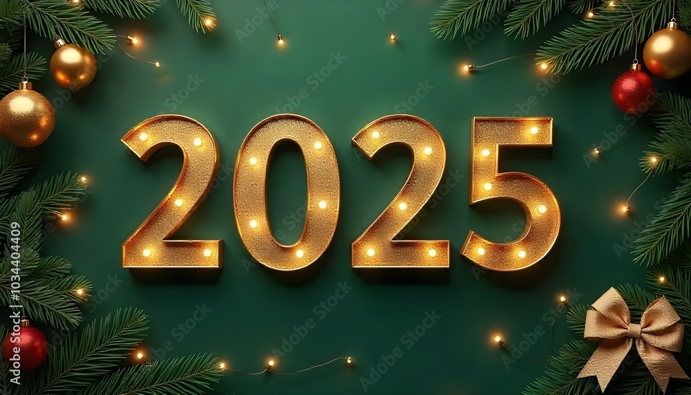 Golden serif glittery numbers 2025 on a dark green blue, contrasted by soft yellow lights, with a rustic-style Christmas tree adorned with handmade decorations and burlap ribbons. Golden serif glittery numbers 2025 on a dark green blue, contrasted by soft yellow lights, with a rustic-style Christmas tree adorned with handmade decorations and burlap ribbons.
