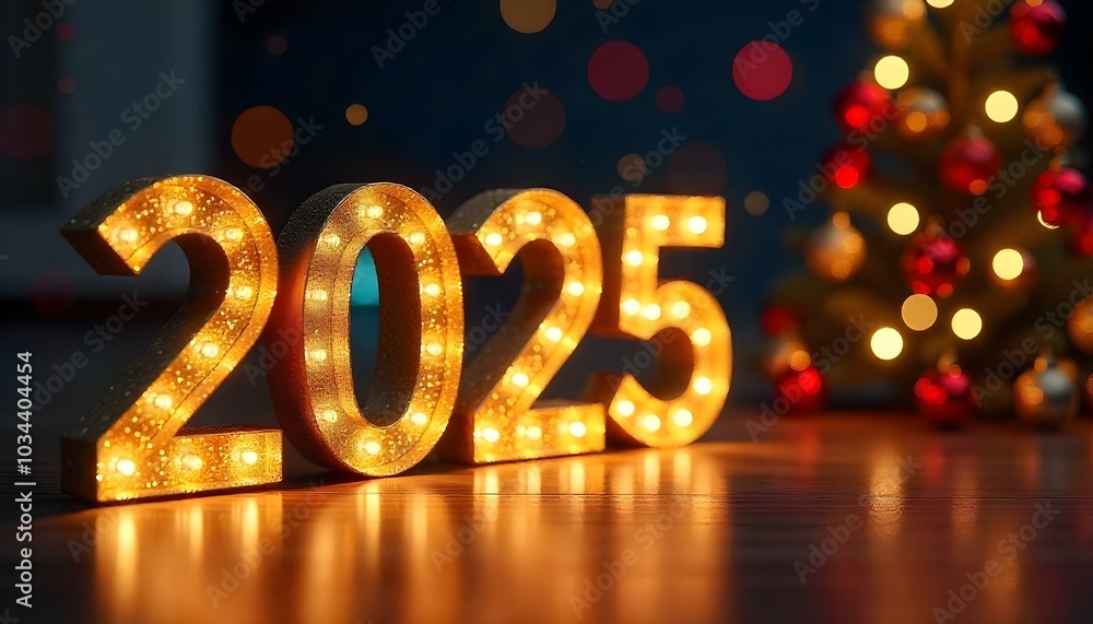 Golden serif glittery numbers 2025 on a dark green blue, contrasted by soft yellow lights, with a rustic-style Christmas tree adorned with handmade decorations and burlap ribbons. Golden serif glittery numbers 2025 on a dark green blue, contrasted by soft yellow lights, with a rustic-style Christmas tree adorned with handmade decorations and burlap ribbons.